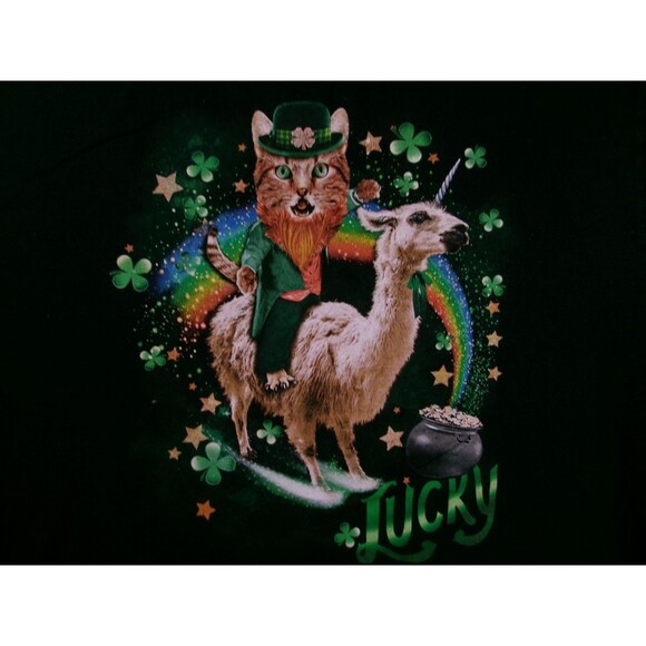 Shirt Men XXL Black Lucky St Patricks Day Cat Unicorn Lama Fun Statement Causal - Picture 2 of 8